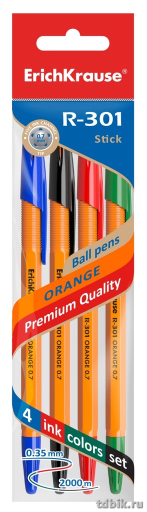 Набор шариковых ручек  4 шт. ErichKrause R-301 orange, 0,7мм (син, черн, кр, зел)