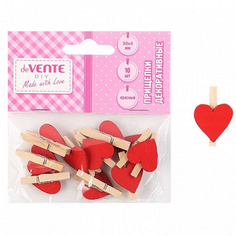 Прищепки деревянные 30мм цветные deVENTE "Hearts" 10 шт/уп