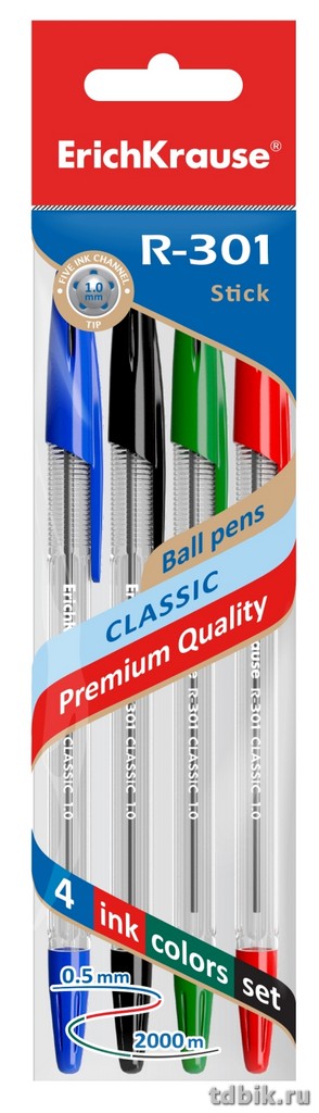 Набор шариковых ручек  4 шт. ErichKrause R-301, 1мм (син, чер, зел, кр)
