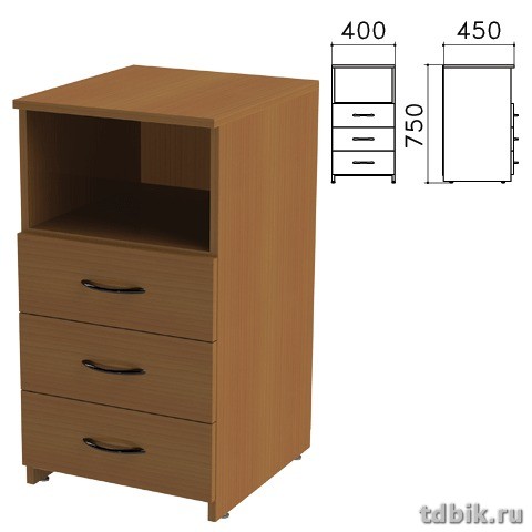 Тумба приставная с полкой 3 ящика "Канц" 400*450*750мм, цвет орех