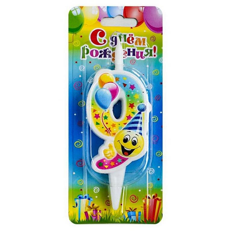 Свеча для торта "Цифра  9" Смайлик с шарами