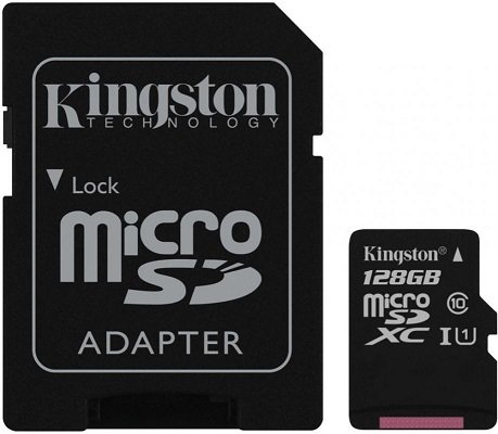 Карта памяти microSDXC, 128 GB, KINGSTON Canvas UHS-I U1, 100 Мб/сек (class 10)
