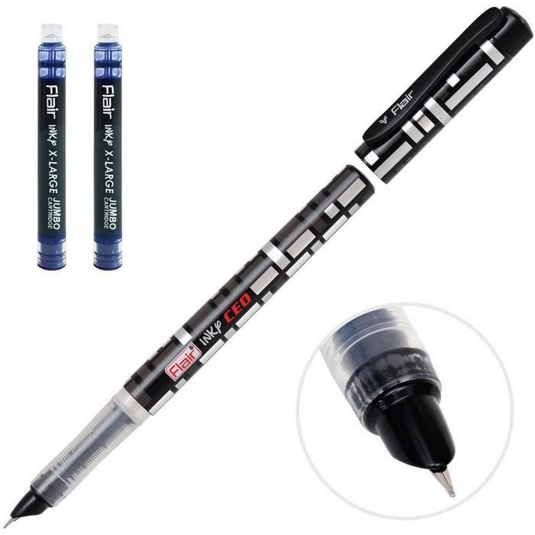 Ручка перьевая Flair "INKY CEO" синяя 0,7 мм, корпус черный/серебро, с 2мя капсулами в блистере