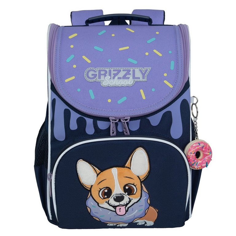 Ранец для девочки Grizzly + сумка д/обуви, 25*33*13см., синий