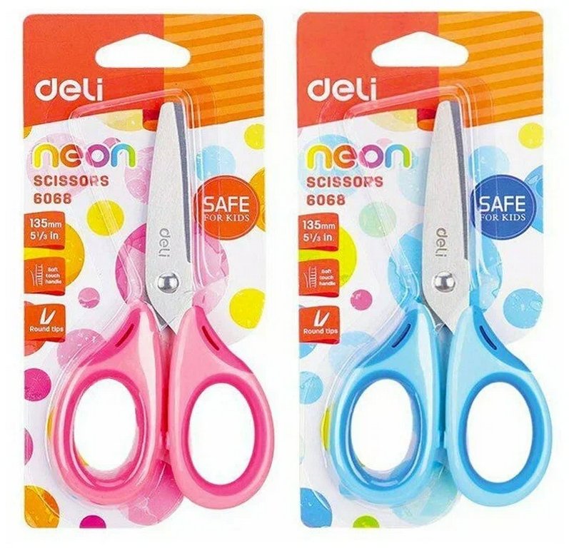 Ножницы 135 мм детские закругленные лезвия, рукоятка с резин. встав. Deli Neon, ассорти