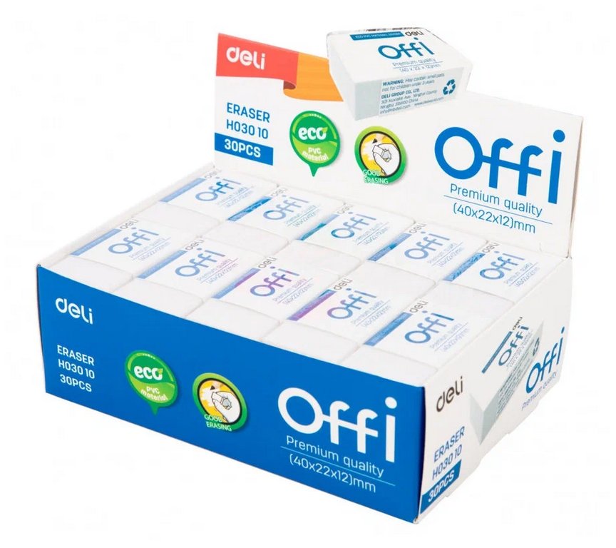 Ластик Deli Offi 40x22x12мм, в картонном футляре, белый