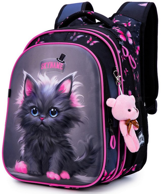 Рюкзак каркасный для девочки SkyName "Серый котенок" (брелок мишка) 37x30x16 см