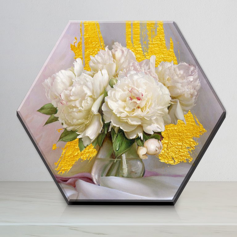 Роспись по номерам (холст) 37*32см Гексагон с поталью "Пионы" (основа+акрил.краски+кисти) 20цв