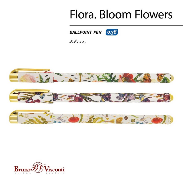 Ручка шариковая с рис. Bruno Visconti "Flora Flowers" 0,38мм синяя (стерж.138мм,линия 0,36мм) игольч