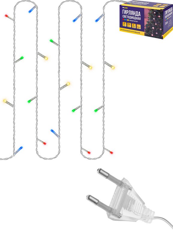 Гирлянда комнатная Нить 25м, 250 цветных ламп, 8 режимов, прозрачный провод 220Вт