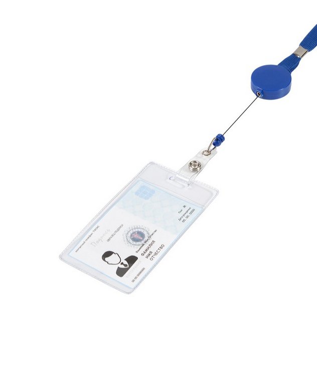 Бейдж вертикальный  61*112мм (вставка 55*89мм) на синей ленте с рулеткой ДПС