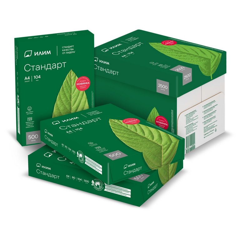 Бумага офисная Илим Стандарт А4, 80 г/м2, 146% CIE 96% ISO,толщ.104мкм,непрозр. 91%, 500 л/пач.