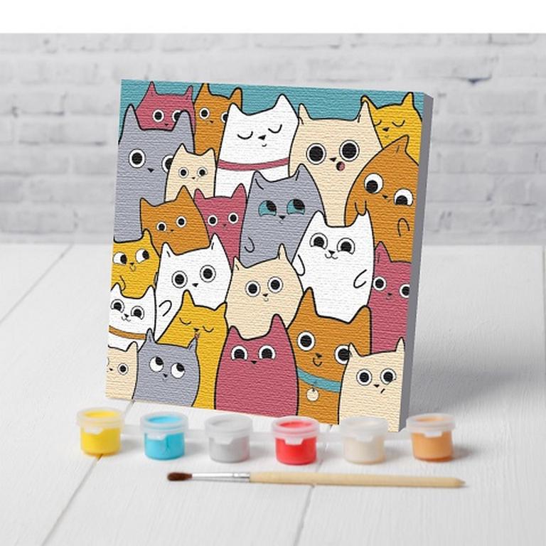 Роспись по номерам (холст) 15*15см "Милые котята" (основа+акрил.краски+кисти) Школа Талантов