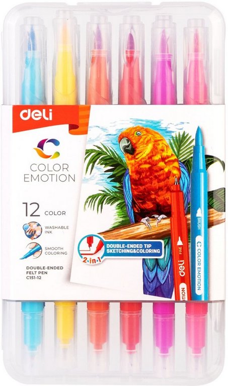 Набор фломастеров 12 цв. Deli "Color Emotion" двусторонние (кисть, игловидный), в пластиковом пенале