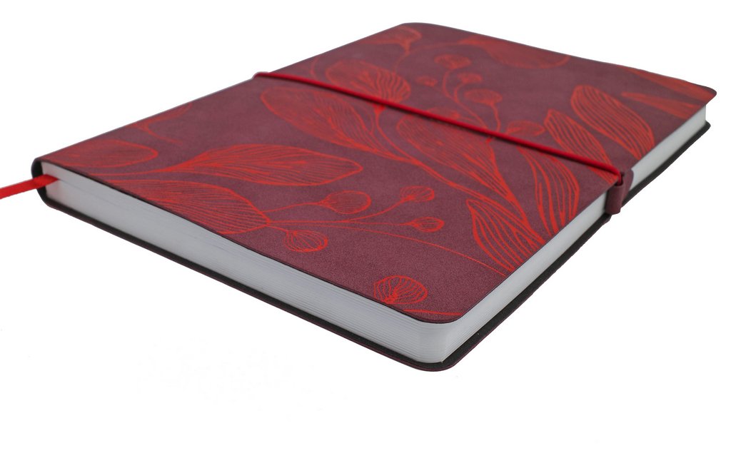Бизнес-блокнот А4 128л., 205*270 мм, кожзам Полином "LEAVES" клетка цв. винный/крвсный