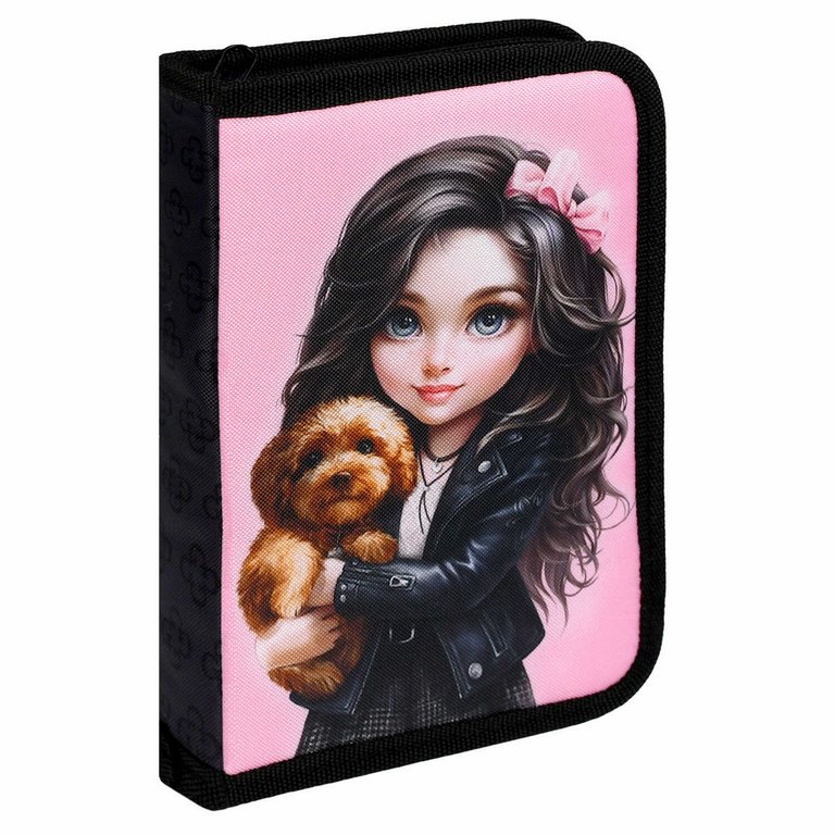 Пенал 1 отд. 2 откид. планки для девочки Феникс+ "Брюнетка с собачкой" 13.3x20x3.5 см, полиэстер