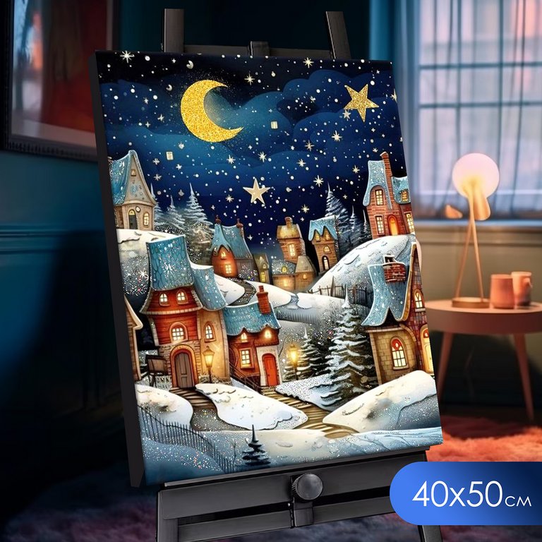 Роспись по номерам (холст) 40*50см с кристаллами "Зимняя сказка" (основа+акрил.кр+кисти) 24цв.