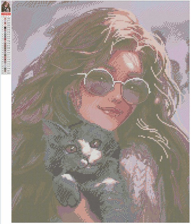 Алмазная мозаика 40*50см "Брюнетка с котом" Феникс+