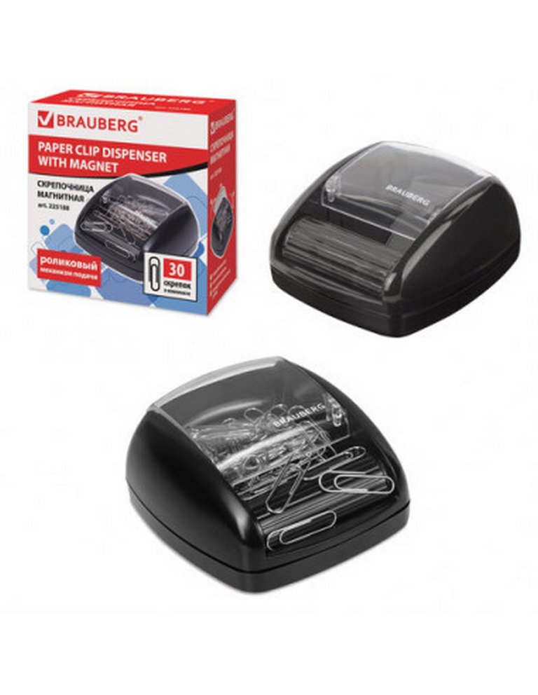 Диспенсер для скрепок магнитный + 30 скрепок, роликовый механизм, черный BRAUBERG