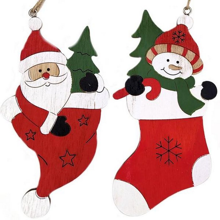 Украшение елочное из дерева "Дед Мороз в колпаке/Снеговик в носке" ассорти