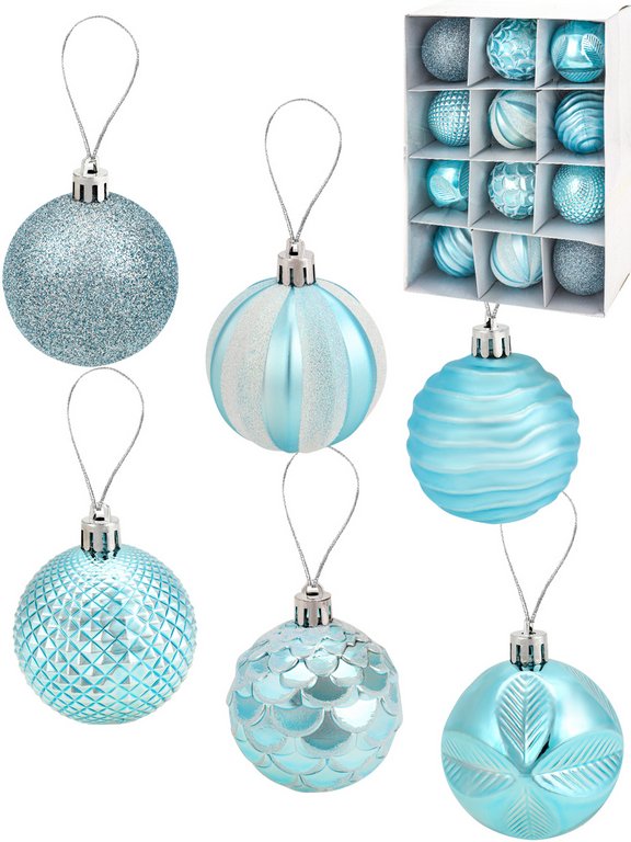 Набор шаров  цвет голубой 60 мм 12 шт "Метель" (ассорти)