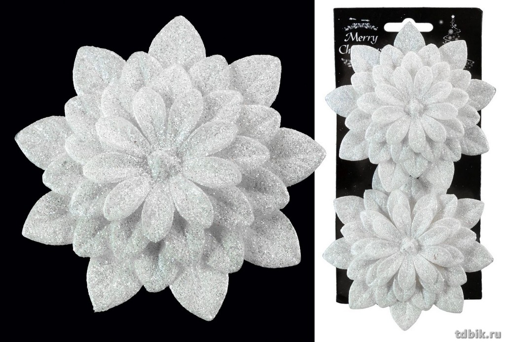 Украшение новогоднее на клипсе "Цветок" цв. белый, 11см, 2шт/уп