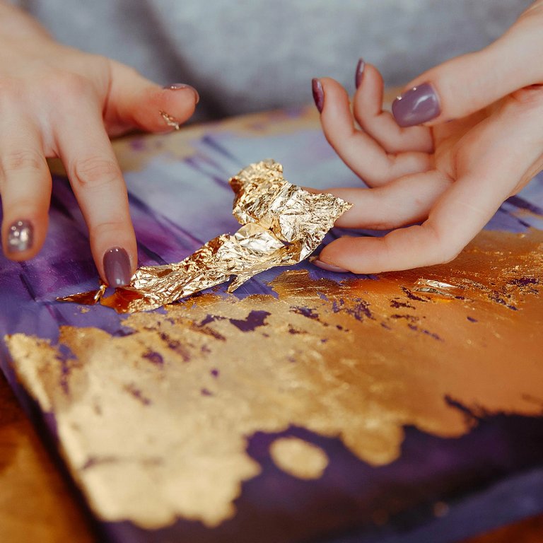 Роспись по номерам (холст) 15*20см с поталью "Тропические листья" (основа, акрил. краски, кисти)