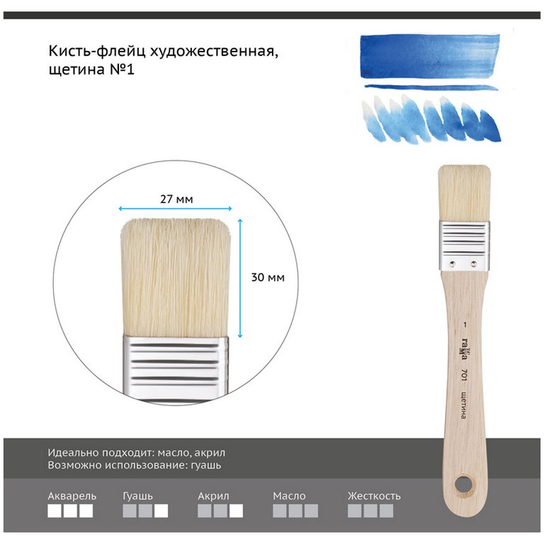Кисть-флейц Щетина №1 плоская оформительская (длинная ручка) ГАММА