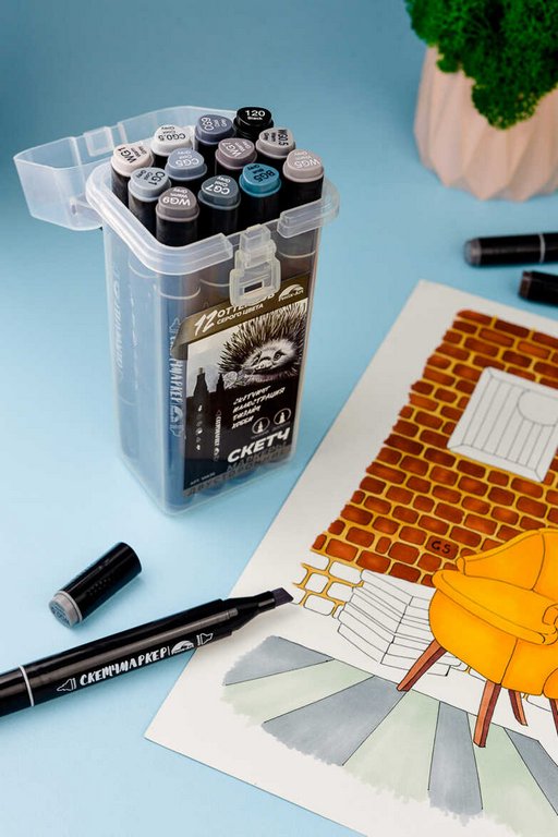 Маркер для скетчинга  12шт/уп Феникс+ ЕХИДНА двусторонние в пласт. пенале