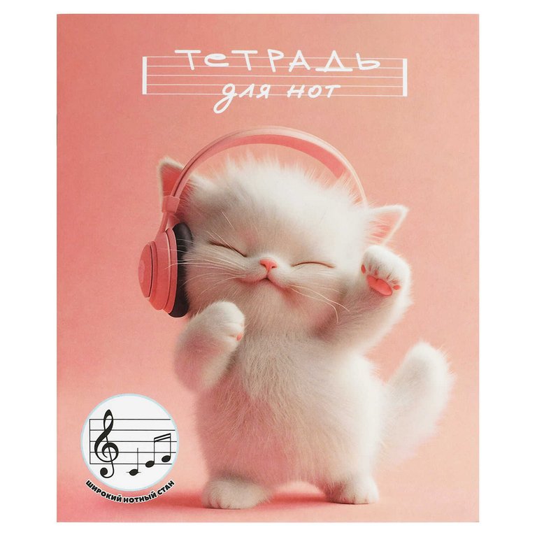 Тетрадь для нот 24 л., А5 на скрепке "Котенок меломан" для младших классов вертикальная