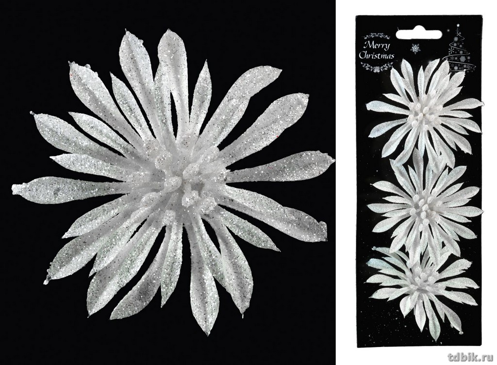 Украшение новогоднее на клипсе "Новогодний цветок" цв. белый, 9см, 3шт/уп