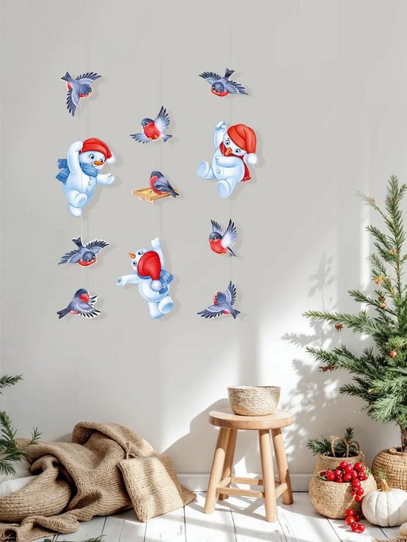 Гирлянда на нитках  НГ  "Веселые снеговички и снегири"