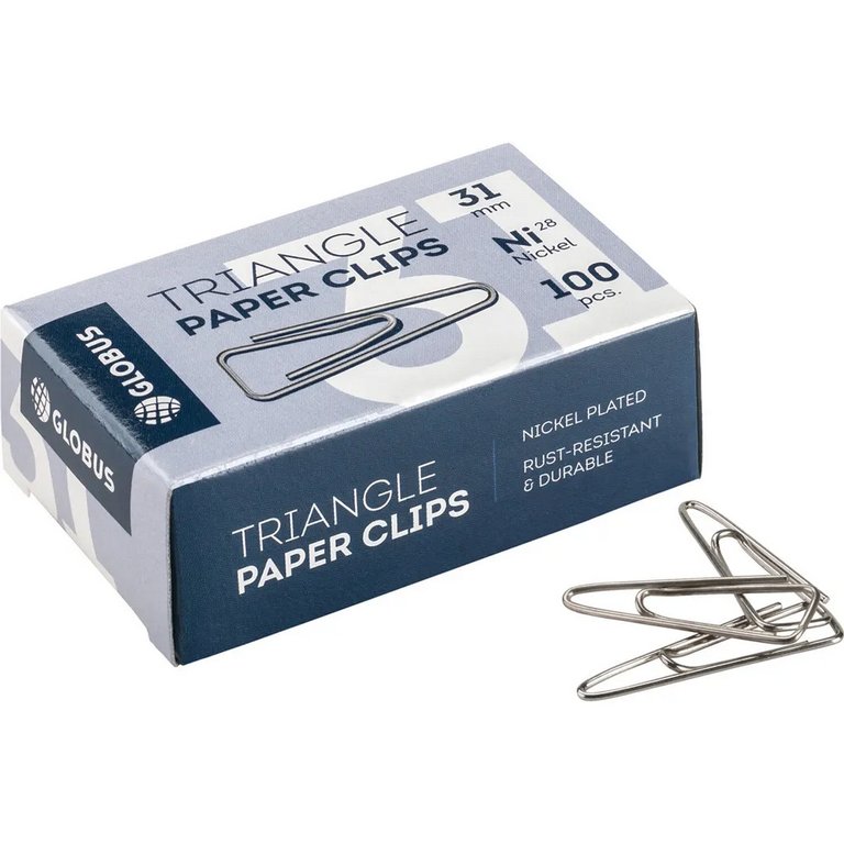 Скрепки 31 мм 100 шт/уп никелированные треугольные с загнутым краем Globus С31-100 Н