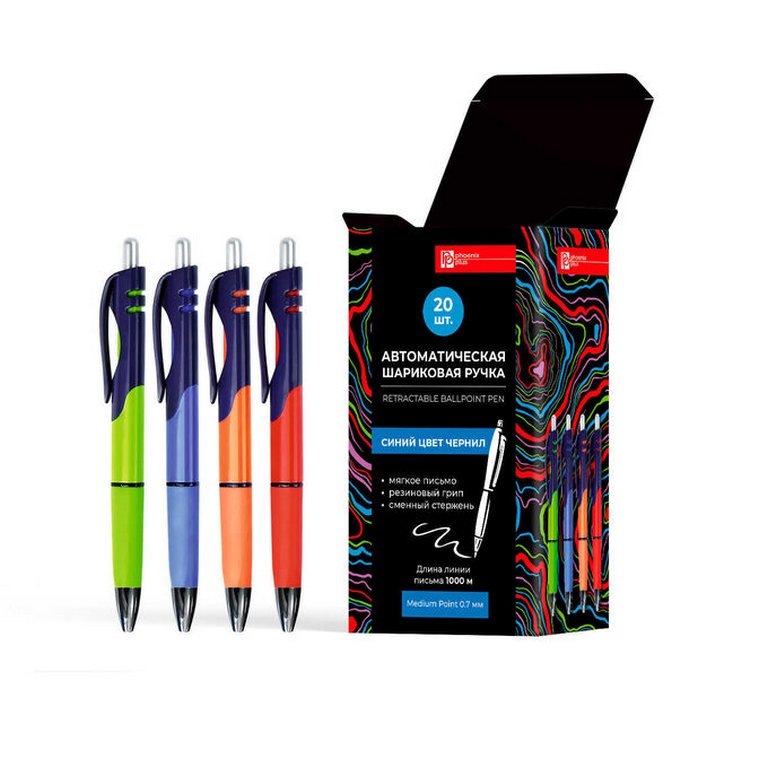 Ручка шариковая авт.  Феникс+ "Включи неон" 0,7мм синяя, ассорти