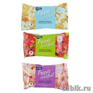 Салфетки влажные  15шт/уп Aura "Tropic Cocktail" с антибак. эффектом