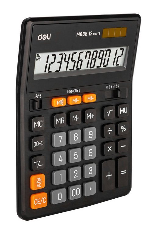 Калькулятор наст. Deli EM888 (12 разр., 2 питания, коррекция 203*158*31мм) черный