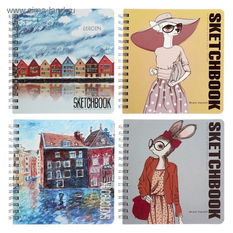 Скетчбук 200*205 мм, 50л. гребень "SKETCHBOOK" 200 ГР., БЕЗ ЛИНОВКИ (4 ВИДА)
