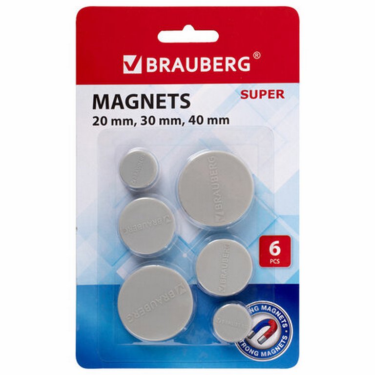 Магниты диаметр 20/30/40 мм (6шт/уп) BRAUBERG мощные