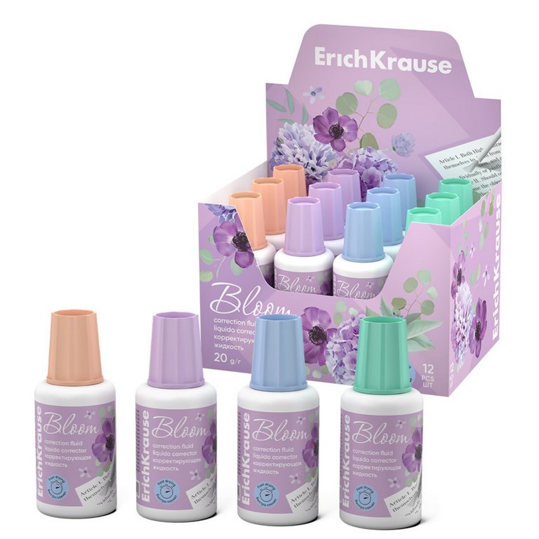 Коррект. жидкость ErichKrause Pastel Bloom (20мл) с кисточкой, быстросохнущая  (мет.шарик)