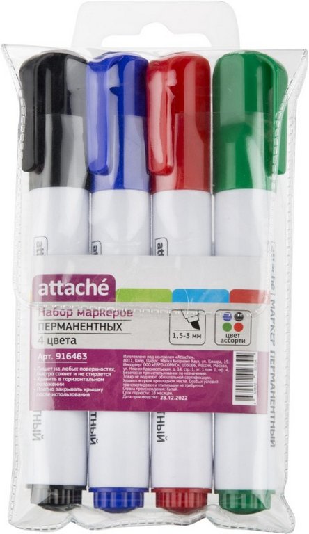 Набор маркеров перманент. 4цв Attache скошенный наконечник, 1,5-3мм