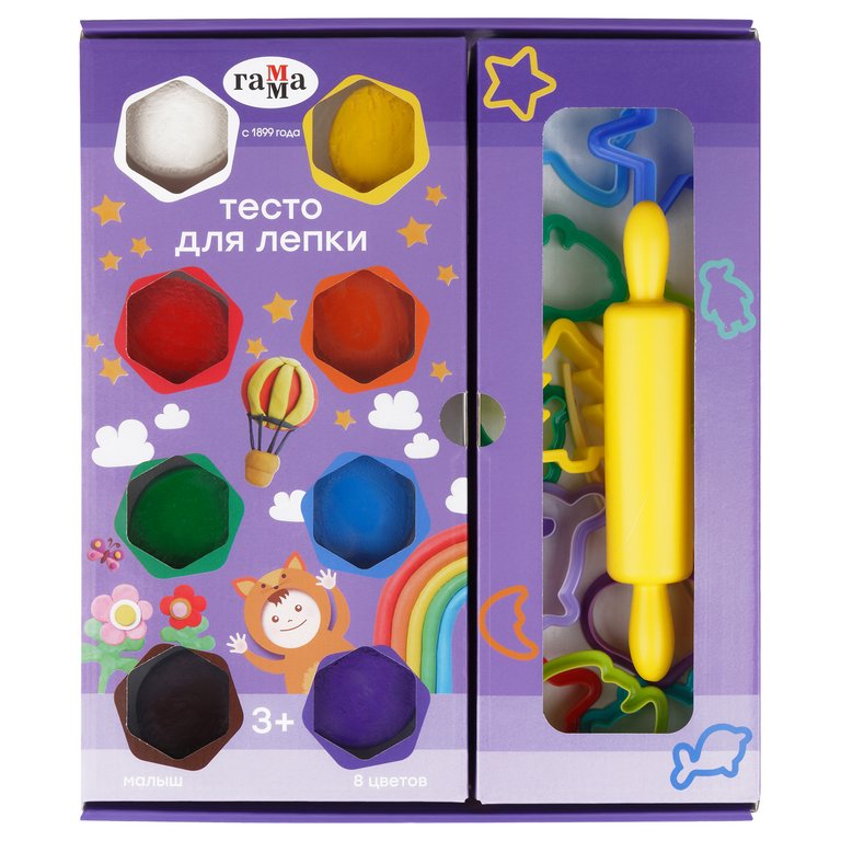 Тесто для лепки  8 цв. 480 гр Гамма "Малыш" с аксессуарами (формочки, скалка, стек)