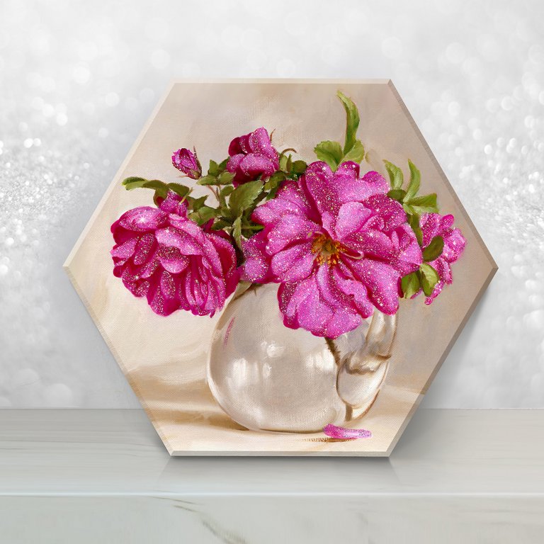 Роспись по номерам (холст) 37*32см Гексагон с кристалами "Розовый букет" (осн+акрил.кр.+кисти) 17цв.