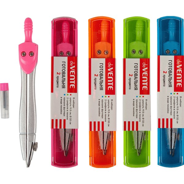 Циркуль 115 мм в пенале deVENTE, цв. ассорти + 2 сменных грифеля