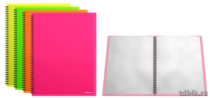 Папка А4 20 прозр.вклад. пластик 0,60 мм ErichKrause "Neon" на спирали, цв. ассорти