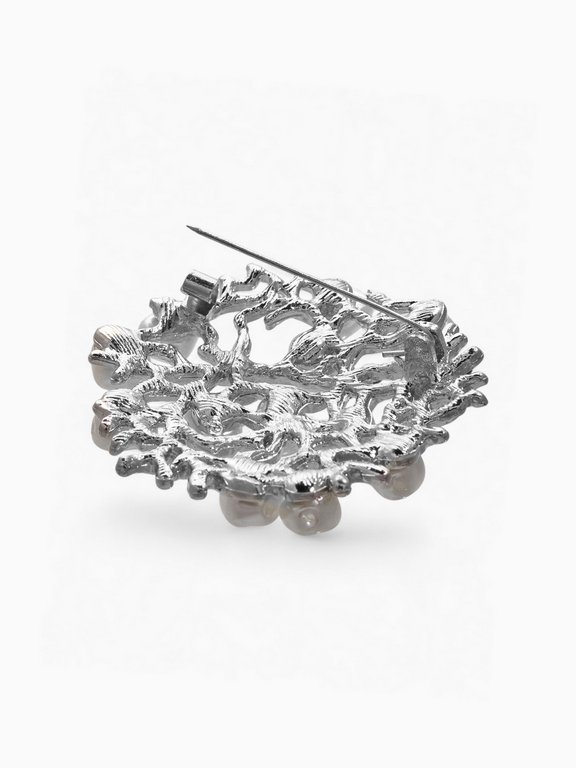 Брошь металл "Жемчужная россыпь" белая в серебре