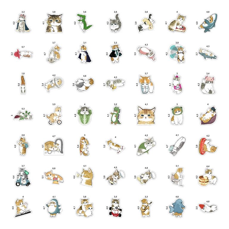 Набор наклеек  9 листов "Кавайные коты №2" (49 шт) Nalepking
