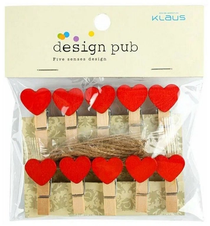 Прищепки деревянные с декором "Сердечко" 35мм (10шт/уп)+ веревка 140 мм