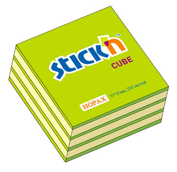 Бумага с клеевым краем  51*51 мм, 250 л. 2 цвета: зеленый неон + желтый пастель HOPAX