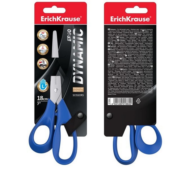 Ножницы 180 мм пластмас. эргоном. рукоятка Erich Krause Dynamic (для левшей)