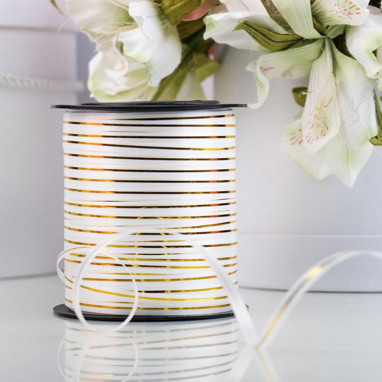 Лента упаковочная белая с золотой полосой 5мм х 225м